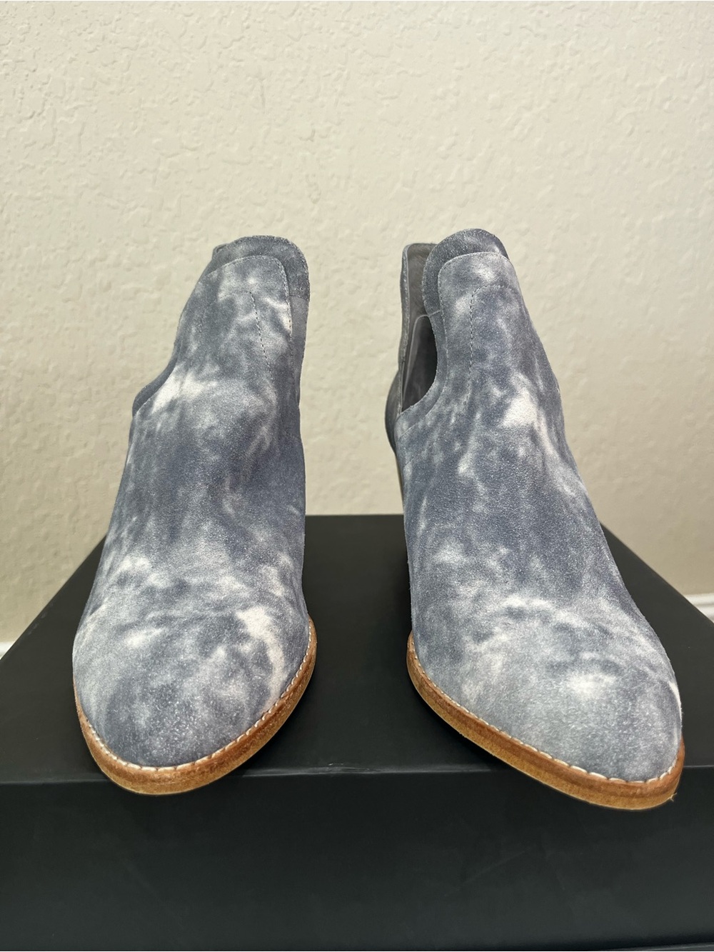 Marbled Gray Suede Slip-On Ankle Booties